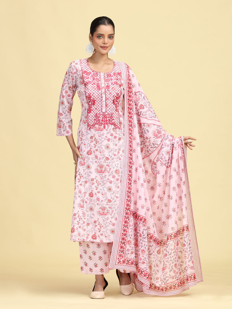 Baby Pink Pure Cotton Printed Embroidered Ethnic Suit Set