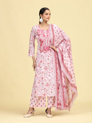Baby Pink Pure Cotton Printed Embroidered Ethnic Suit Set