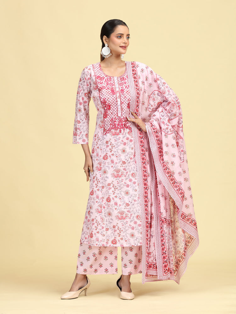 Baby Pink Pure Cotton Printed Embroidered Ethnic Suit Set