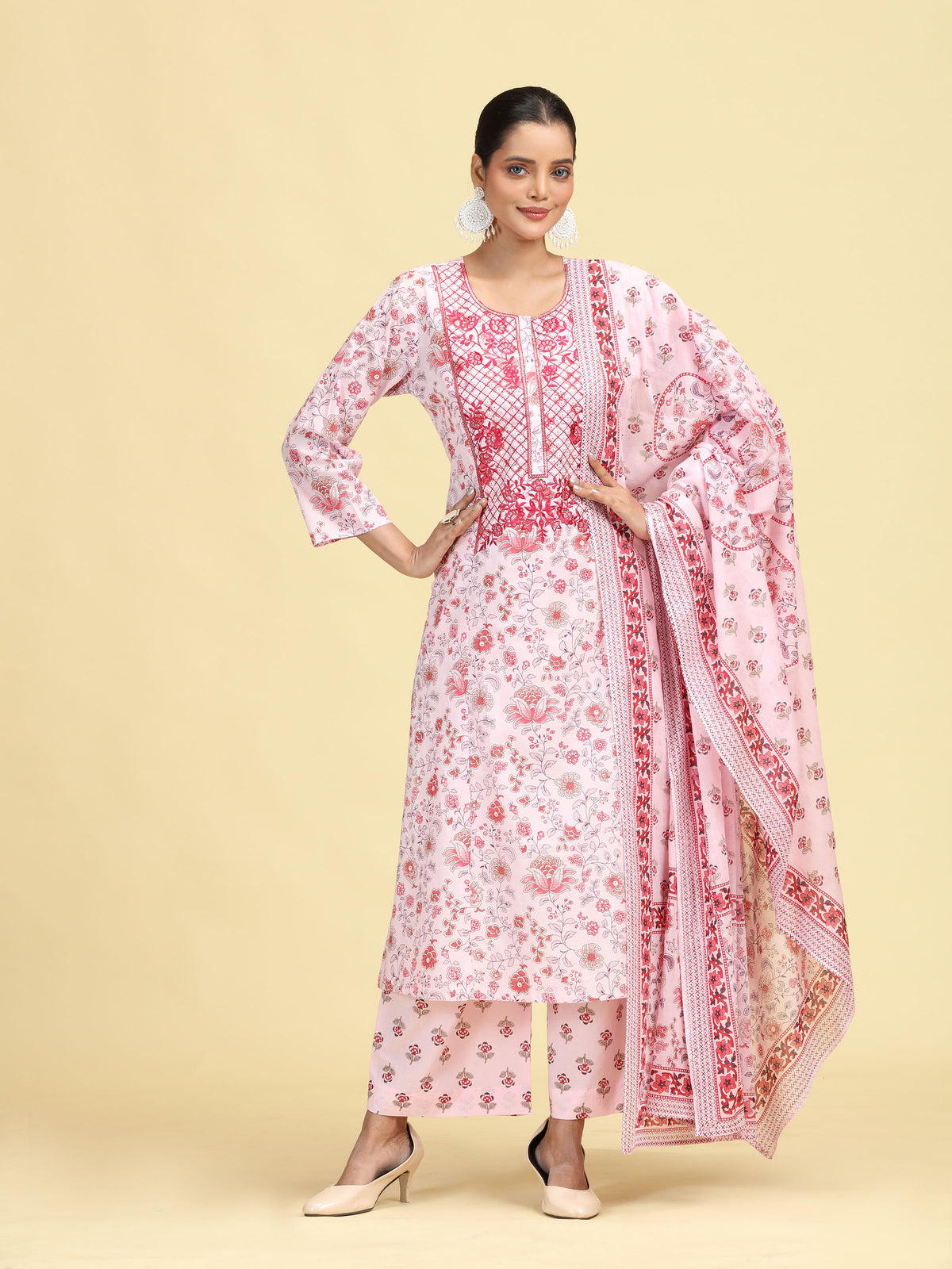 Baby Pink Pure Cotton Printed Embroidered Ethnic Suit Set