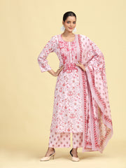 Baby Pink Pure Cotton Printed Embroidered Ethnic Suit Set