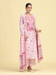 Baby Pink Pure Cotton Printed Embroidered Ethnic Suit Set