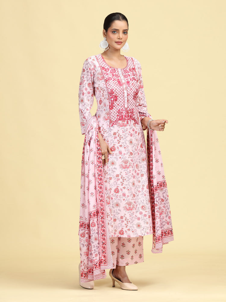 Baby Pink Pure Cotton Printed Embroidered Ethnic Suit Set