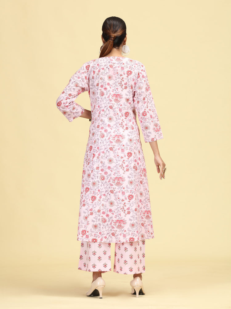 Baby Pink Pure Cotton Printed Embroidered Ethnic Suit Set