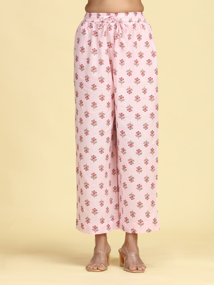 Baby Pink Pure Cotton Printed Embroidered Ethnic Suit Set