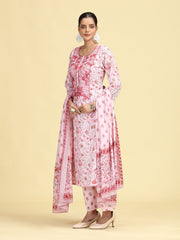 Baby Pink Pure Cotton Printed Embroidered Ethnic Suit Set