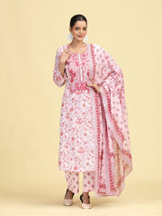 Baby Pink Pure Cotton Printed Embroidered Ethnic Suit Set