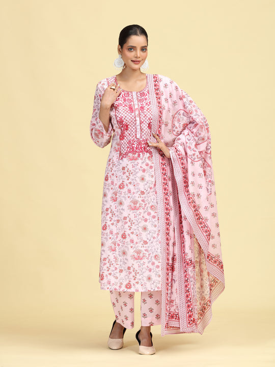 Baby Pink Pure Cotton Printed Embroidered Ethnic Suit Set