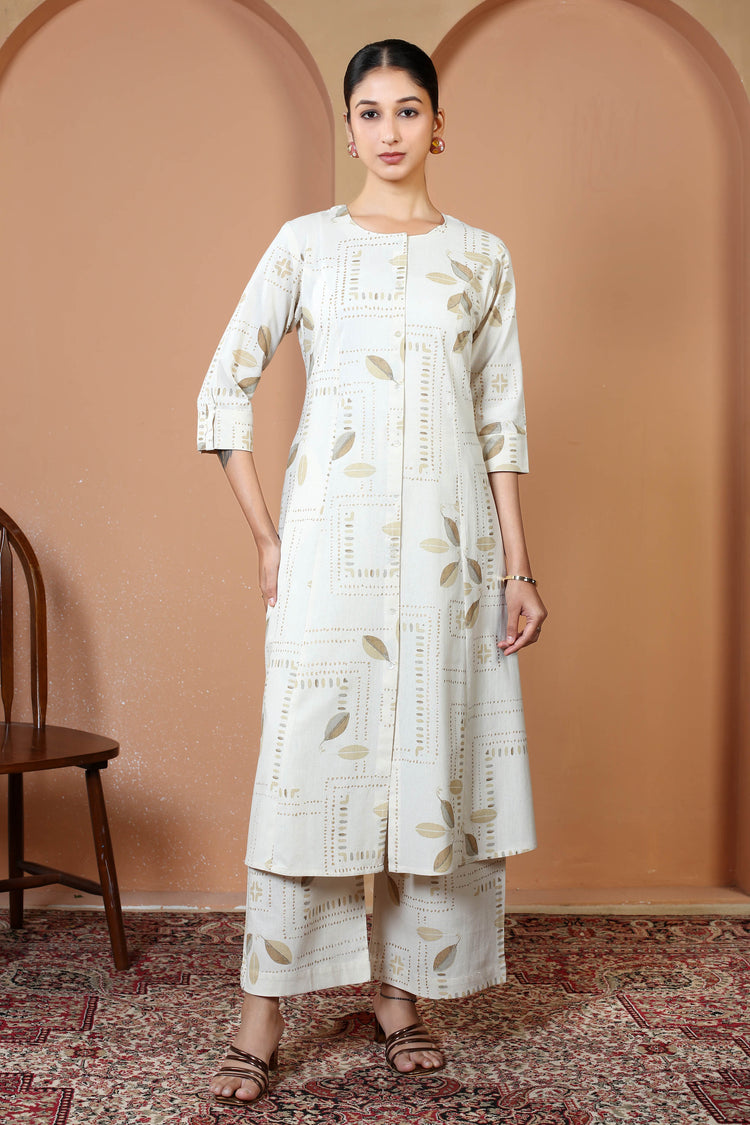 Off White Pure Cotton Printed Straight Kurta Wide Leg Pants Co-Ord Set
