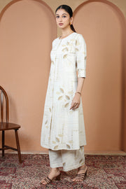 Off White Pure Cotton Printed Straight Kurta Wide Leg Pants Co-Ord Set
