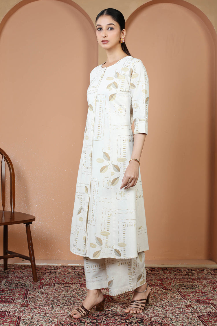 Off White Pure Cotton Printed Straight Kurta Wide Leg Pants Co-Ord Set