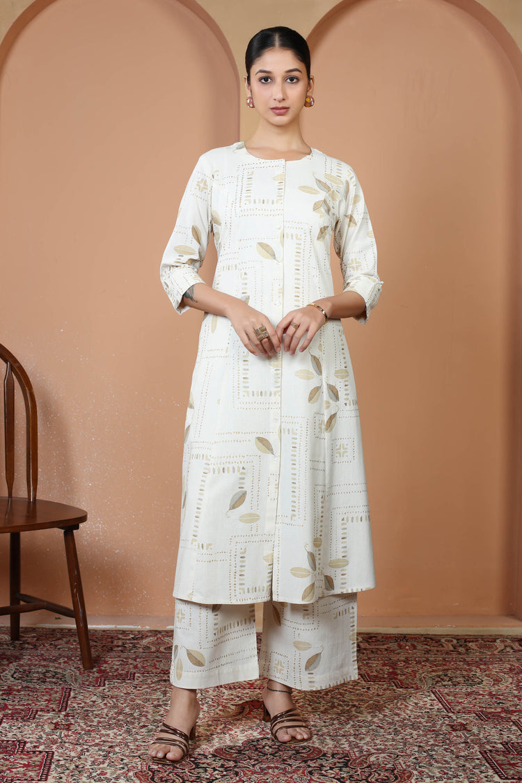 Off White Pure Cotton Printed Straight Kurta Wide Leg Pants Co-Ord Set