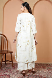 Off White Pure Cotton Printed Straight Kurta Wide Leg Pants Co-Ord Set