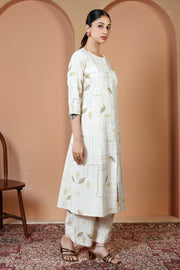 Off White Pure Cotton Printed Straight Kurta Wide Leg Pants Co-Ord Set