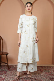 Off White Pure Cotton Printed Straight Kurta Wide Leg Pants Co-Ord Set