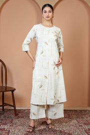 Off White Pure Cotton Printed Straight Kurta Wide Leg Pants Co-Ord Set