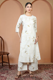 Off White Pure Cotton Printed Straight Kurta Wide Leg Pants Co-Ord Set
