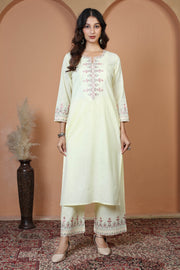 Cream Floral Embroidered Pure Cotton Ethnic Co-Ord Set
