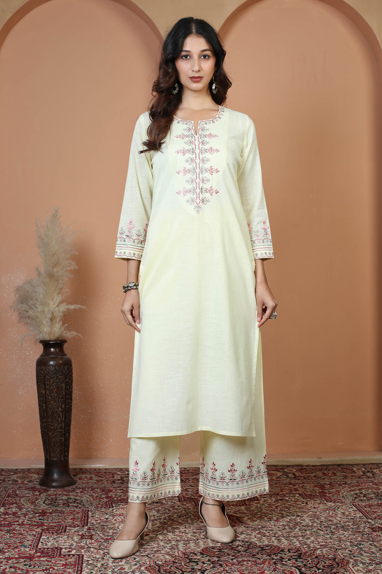 Cream Floral Embroidered Pure Cotton Ethnic Co-Ord Set