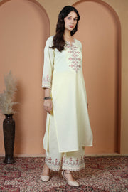 Cream Floral Embroidered Pure Cotton Ethnic Co-Ord Set