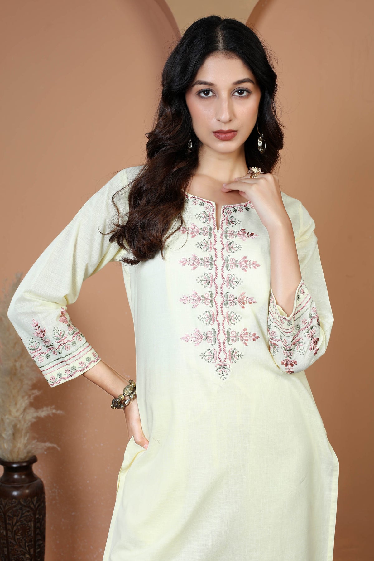 Cream Floral Embroidered Pure Cotton Ethnic Co-Ord Set