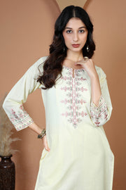 Cream Floral Embroidered Pure Cotton Ethnic Co-Ord Set