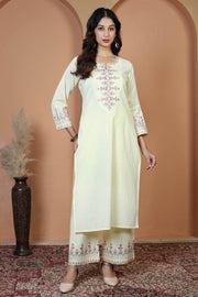 Cream Floral Embroidered Pure Cotton Ethnic Co-Ord Set