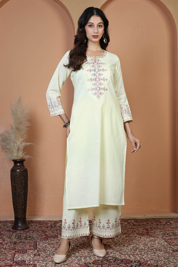 Cream Floral Embroidered Pure Cotton Ethnic Co-Ord Set