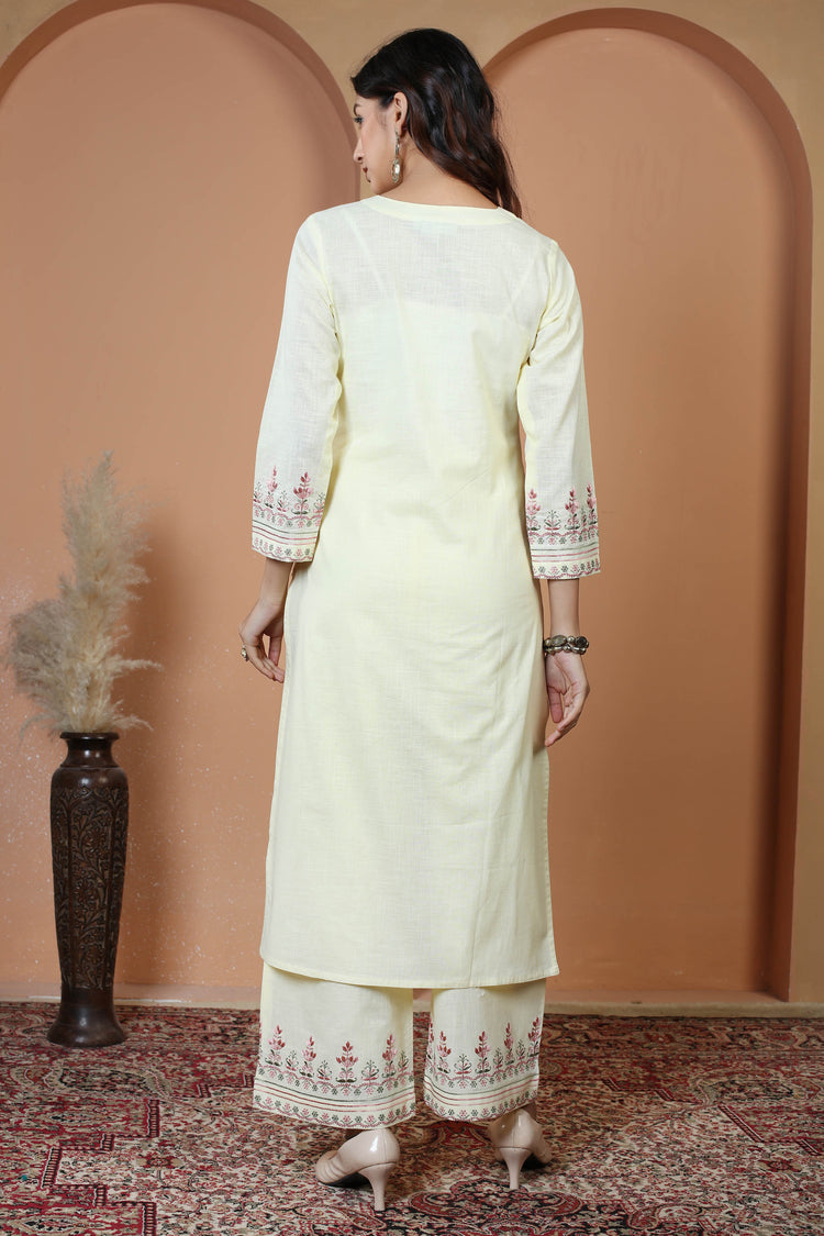 Cream Floral Embroidered Pure Cotton Ethnic Co-Ord Set