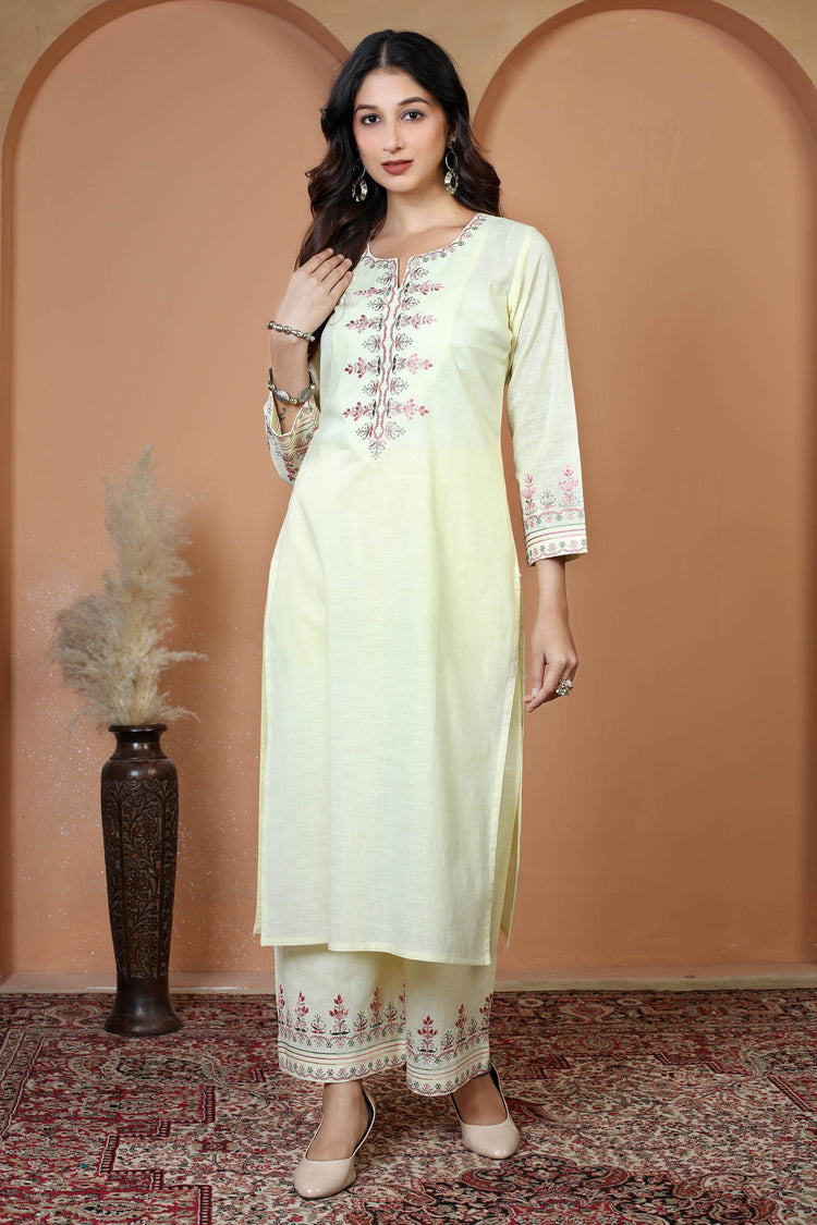 Cream Floral Embroidered Pure Cotton Ethnic Co-Ord Set