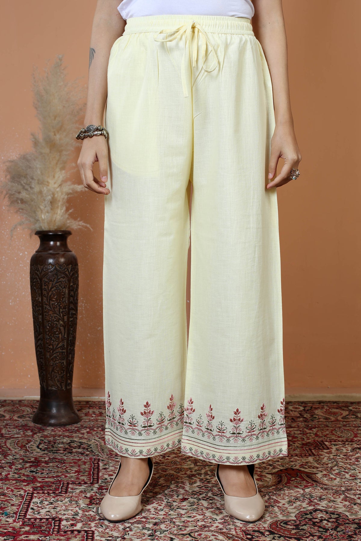 Cream Floral Embroidered Pure Cotton Ethnic Co-Ord Set