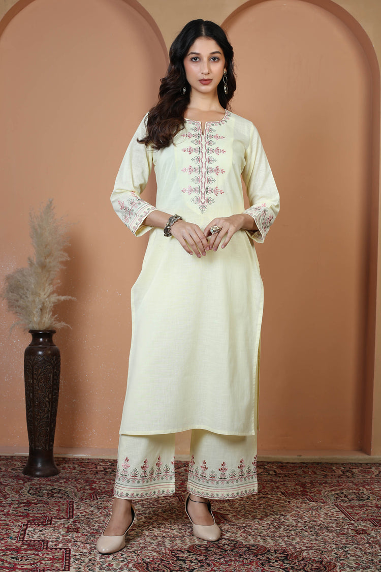 Cream Floral Embroidered Pure Cotton Ethnic Co-Ord Set