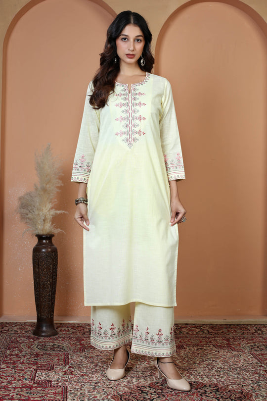 Cream Floral Embroidered Pure Cotton Ethnic Co-Ord Set
