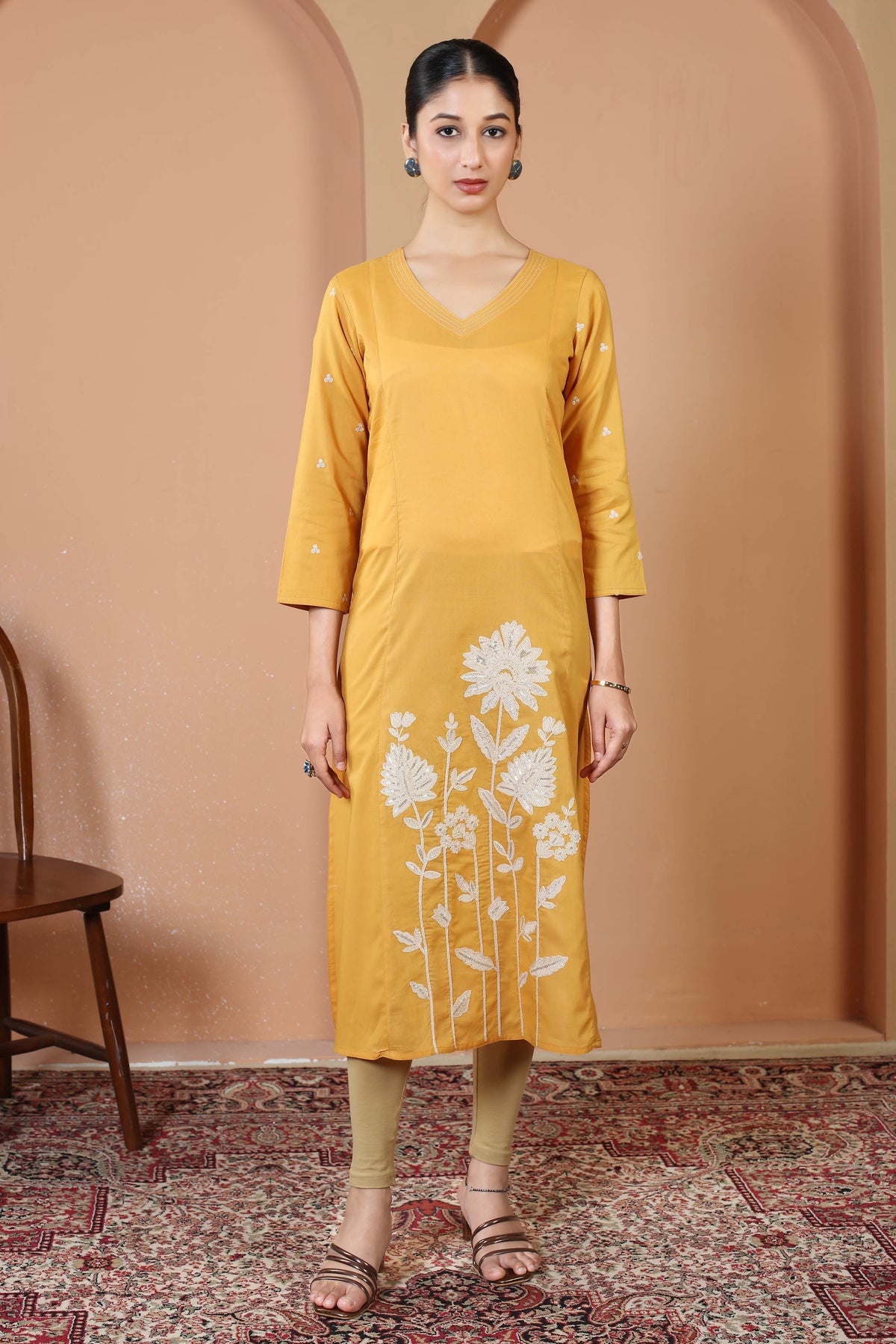 Yellow Pure Cotton Floral Embroidered A-Line Kurta