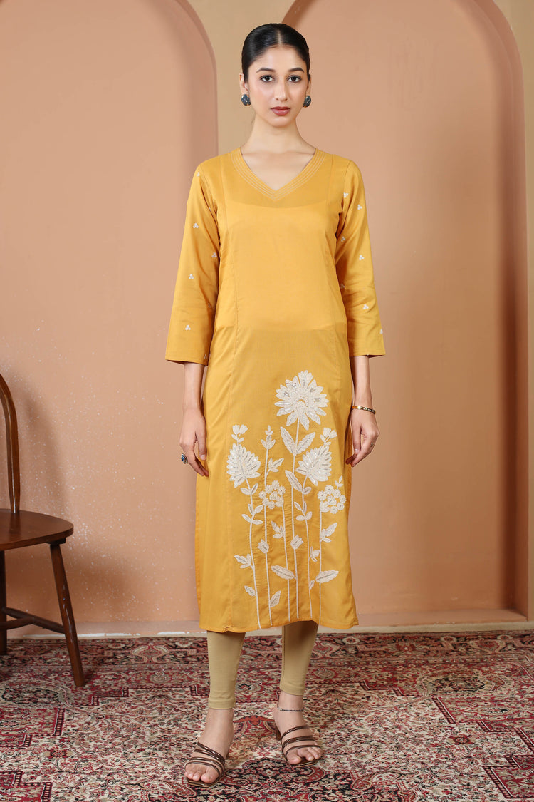 Yellow Pure Cotton Floral Embroidered A-Line Kurta
