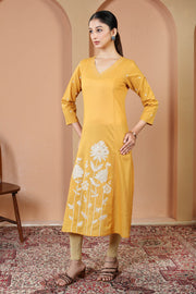 Yellow Pure Cotton Floral Embroidered A-Line Kurta