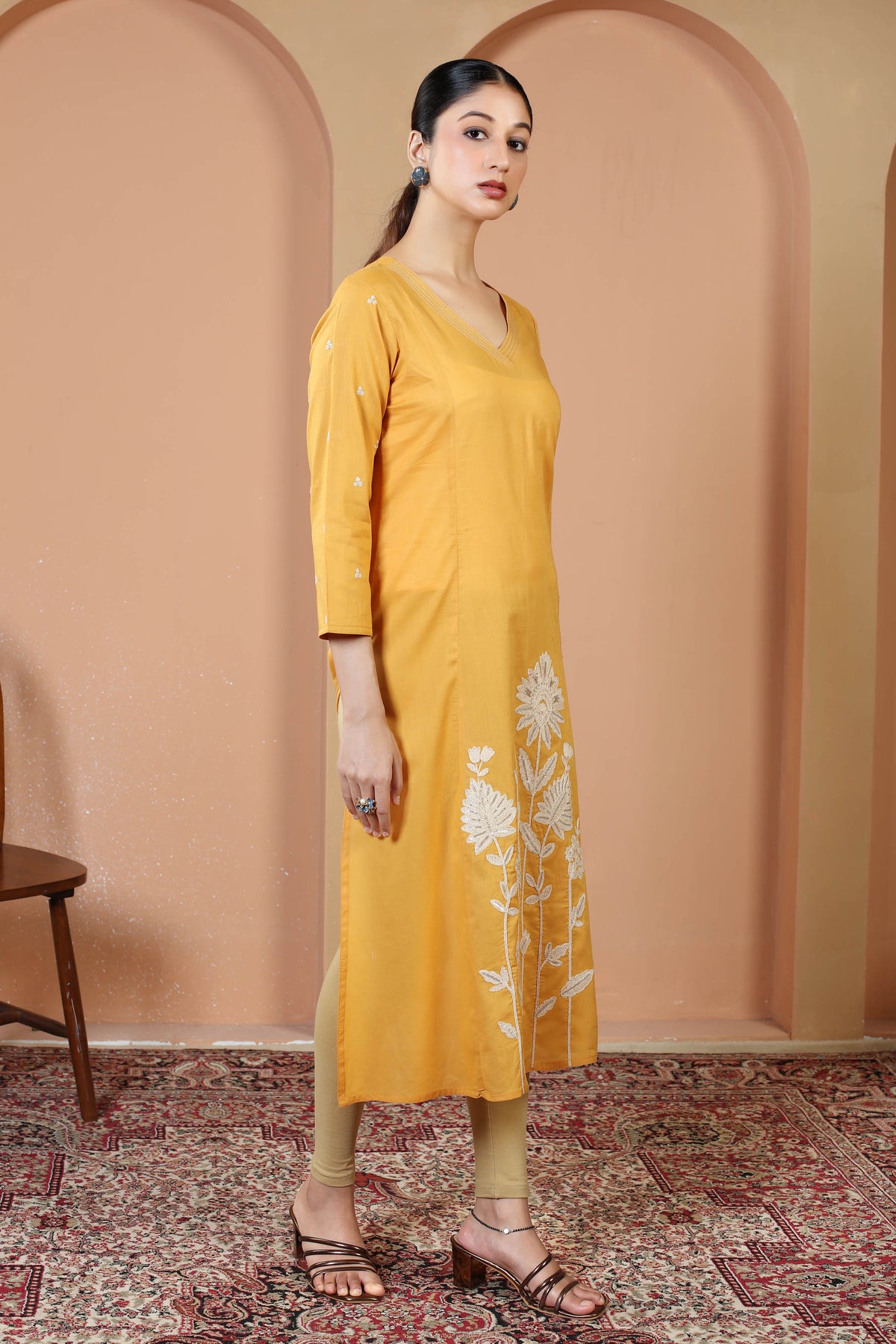Yellow Pure Cotton Floral Embroidered A-Line Kurta