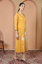 Yellow Pure Cotton Floral Embroidered A-Line Kurta