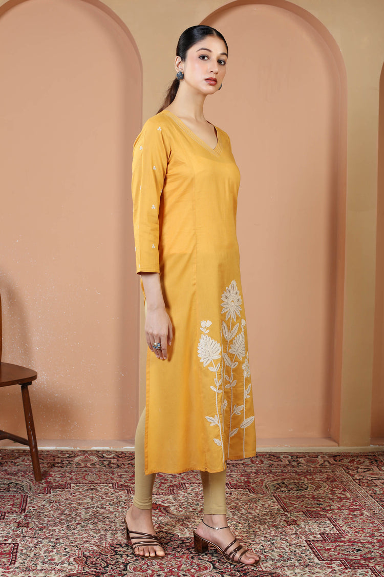 Yellow Pure Cotton Floral Embroidered A-Line Kurta