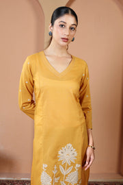 Yellow Pure Cotton Floral Embroidered A-Line Kurta