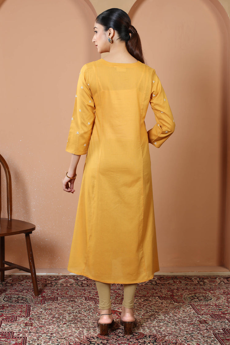 Yellow Pure Cotton Floral Embroidered A-Line Kurta