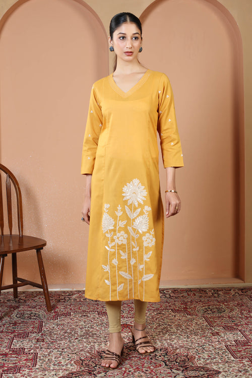 Yellow Pure Cotton Floral Embroidered A-Line Kurta