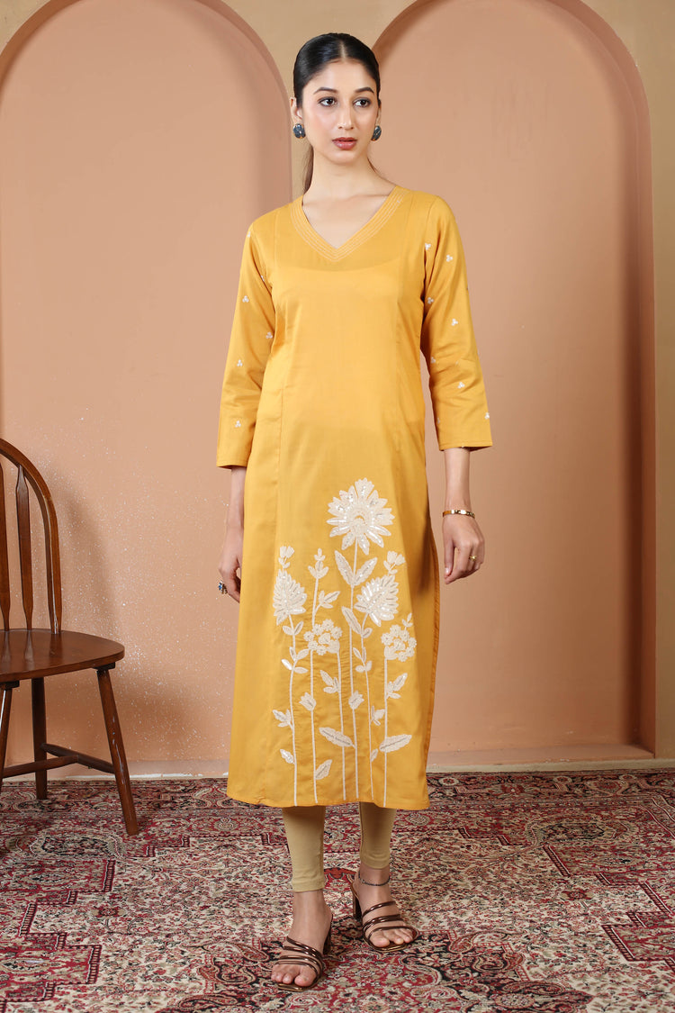 Yellow Pure Cotton Floral Embroidered A-Line Kurta