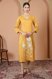 Yellow Pure Cotton Floral Embroidered A-Line Kurta