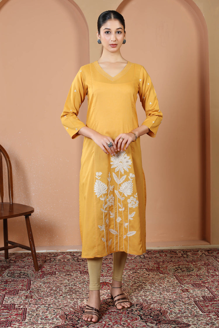 Yellow Pure Cotton Floral Embroidered A-Line Kurta