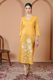 Yellow Pure Cotton Floral Embroidered A-Line Kurta