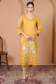 Yellow Pure Cotton Floral Embroidered A-Line Kurta