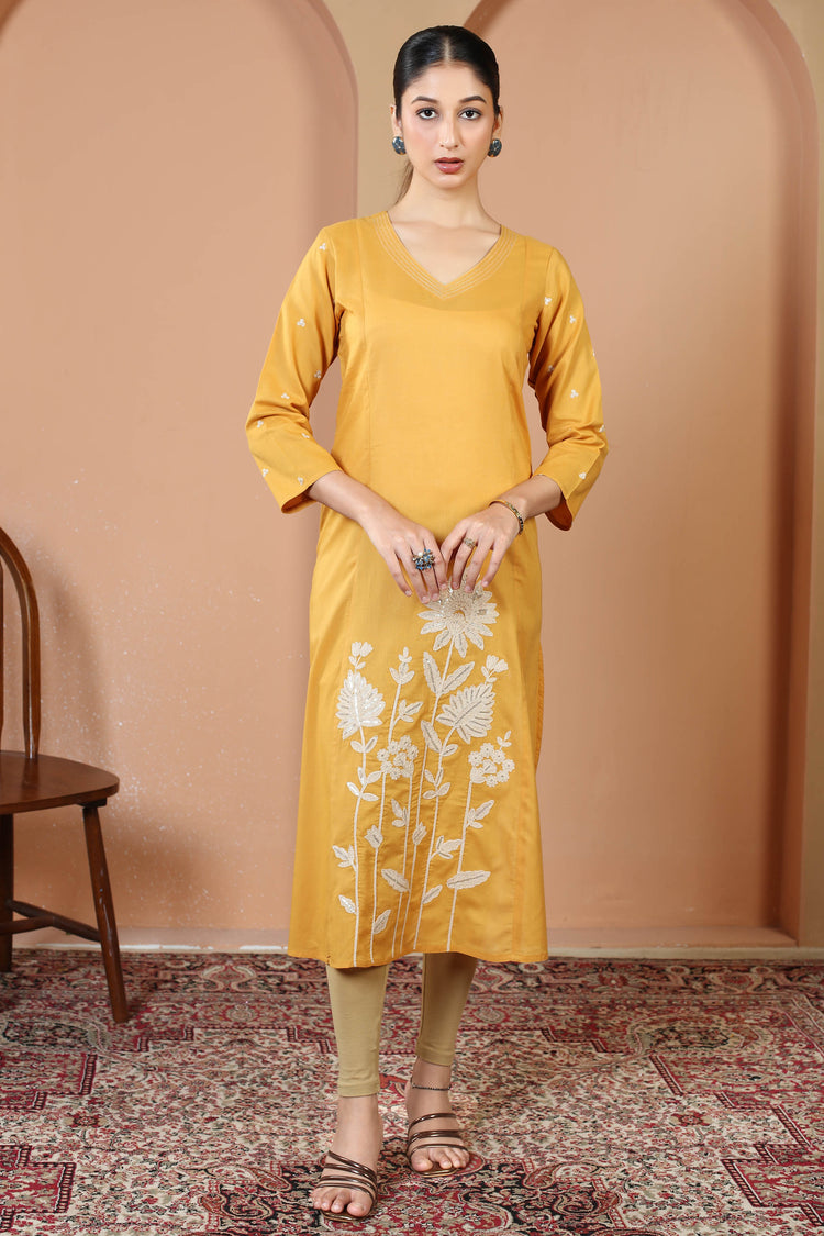 Yellow Pure Cotton Floral Embroidered A-Line Kurta