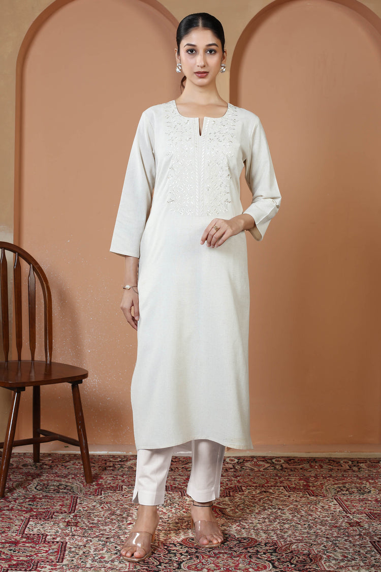 Off White Cotton Embroidered Straight Kurta