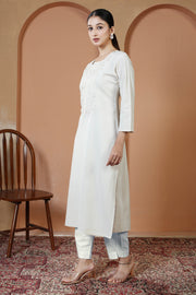Off White Cotton Embroidered Straight Kurta